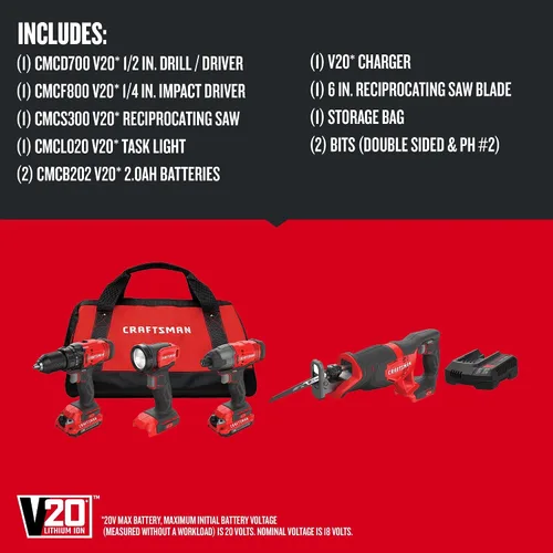 Vista 3 de CRAFTSMAN V20 Kit combinado de herramientas eléctricas inalámbricas de 4 herramientas con 2 baterías y cargador (CMCK400D2)