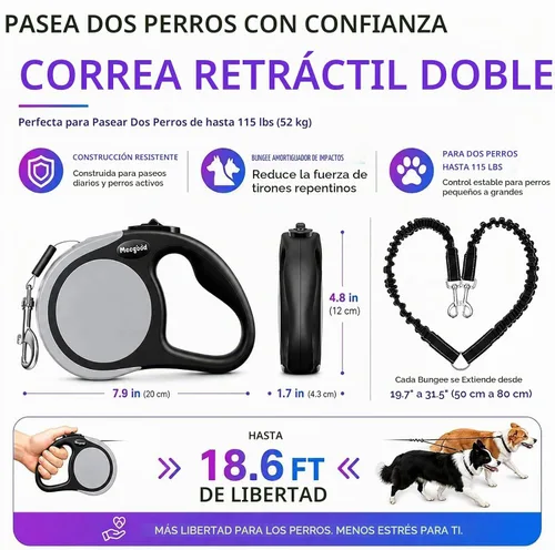 Vista 2 de Correa doble retráctil para perros de hasta 115 libras – 18.6 pies de correa de acoplamiento para perros pequeños y medianos – un sistema de Gris