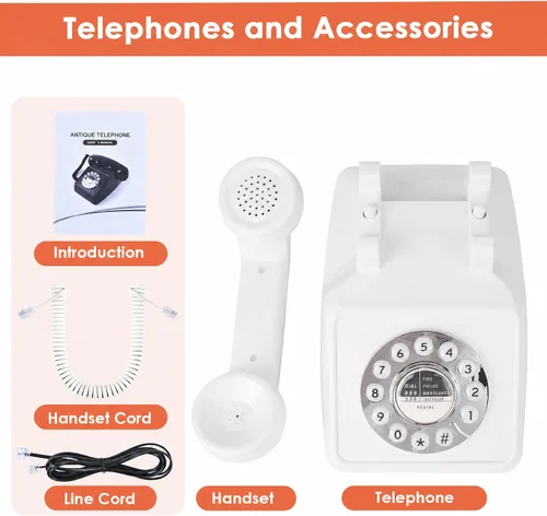 Vista 5 de Teléfono retro, teléfono antiguo con cable, teléfono retro con línea fija, botón clásico vintage de la vieja escuela con función de Negro