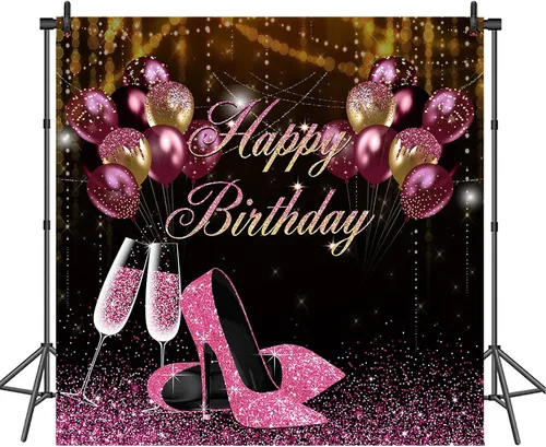 Vista 3 de Avezano Telón de fondo de cumpleaños con purpurina rosa y negro para niñas y mujeres, sesión de fotos, pancarta de fiesta de feliz cumpleaños