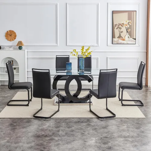 Vista 4 de Ebullient Mesa de comedor de vidrio de 63 pulgadas, mesa de cocina rectangular de vidrio con base de diseño OC negro, mesa de comedor con parte