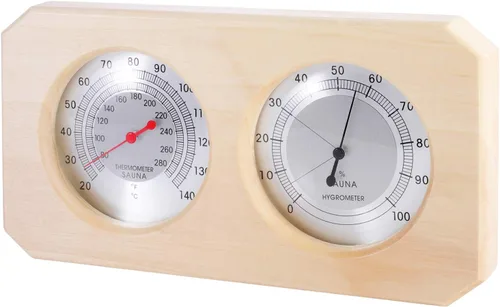 Vista 2 de MIFXIN Termómetro de sauna higrotermógrafo de madera para sauna 2 en 1 doble esfera de humedad interior medición de temperatura higrómetro