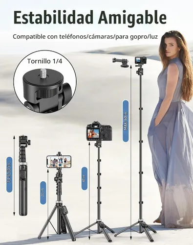 Vista 2 de Trípode de teléfono de 60 pulgadas para iPhone: palo selfie extensible para iPhone-andriod, trípode para selfie stick con control remoto para 60