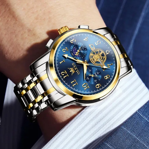 Vista 2 de OUPINKE Reloj para hombre analógico de cuarzo de acero inoxidable, impermeable, luminoso, fase lunar, cronógrafo, vestido de negocios de lujo