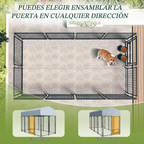 Vista 5 de Perrera para perros al aire libre, recinto para perros de 8 x 4 x 5.7 pies con cubierta de techo impermeable y 2 cuencos giratorios para perros