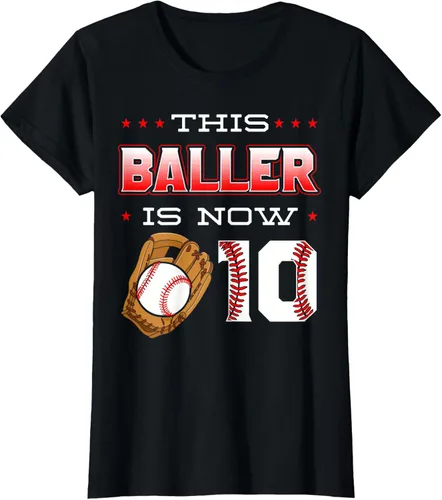 Vista 49 de This Baller Is Now 10 - Camiseta de béisbol para fiesta temática de cumpleaños número 10, Negro