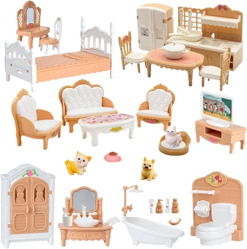 Vista 7 de Casa de muñecas, con sala de estar, dormitorio, baño, muebles de cocina, casa de muñecas de doble cara con 1 muñeca, 3 juegos de ropa, luces