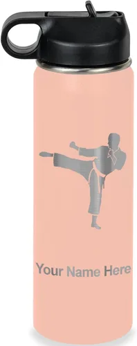 Vista 69 de Botella de agua personalizada LaserGram, Karate Man, de acero inoxidable con aislamiento al vacío de doble pared con tapa abatible, regalo grabado