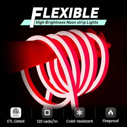 Vista 3 de GZBtech Luces de Cuerda LED de Neón Flexibles 50 Pies, CA 110-120V Tira de Luz Impermeable, 120 LEDs/M Cortable Conectable Iluminación de Neón