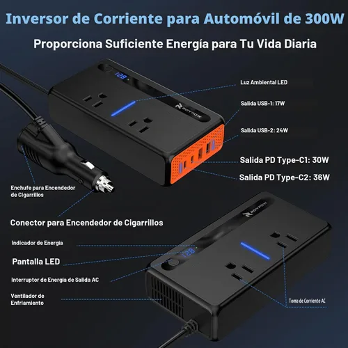 Vista 3 de RoyPow Inversor de corriente para automóvil de 200 W, inversor de corriente CC de 12 V a 110 V CA con puerto para encendedor de cigarrillos
