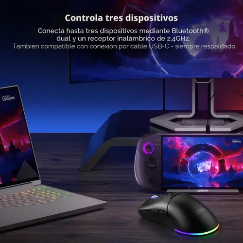 Vista 2 de Lenovo Legion M220 - Mouse inalámbrico RGB para juegos, Bluetooth de doble canal, 2.4 GHz inalámbrico, carga USB-C, interruptor DPI de 5 niveles