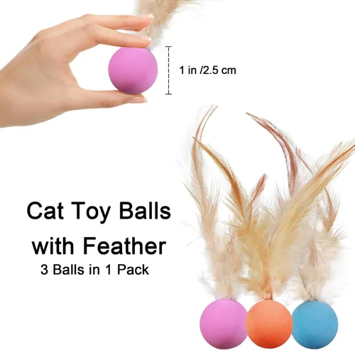 Vista 8 de Pelotas de juguete para gatos con plumas, 3 pelotas interactivas para gatos de interior y gatitos juguetones, juguetes de goma