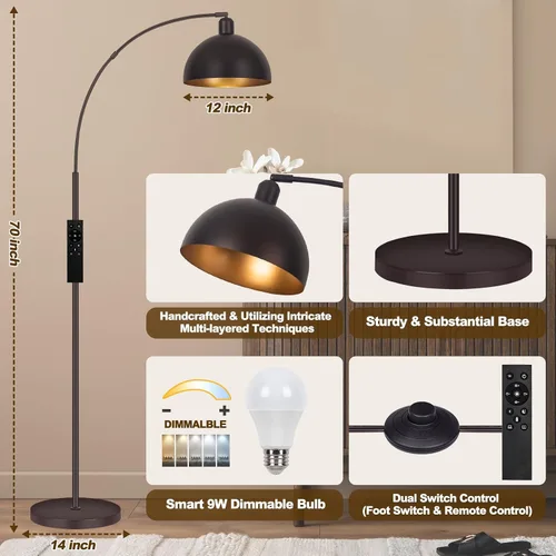 Vista 5 de Lámparas de pie de arco de bronce para sala de estar regulables – Lámpara de arco LED de 9W mejorada con 4 temperaturas de color, lámpara de pie