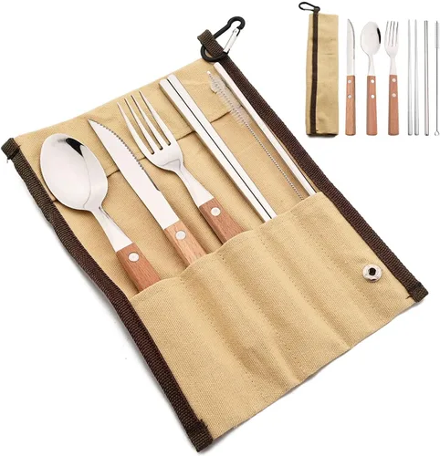 Vista 10 de JASHII Juego de cubiertos reutilizables de viaje, juego de cubiertos de acero inoxidable 304 con mango de madera, palillos y pajitas con diseño
