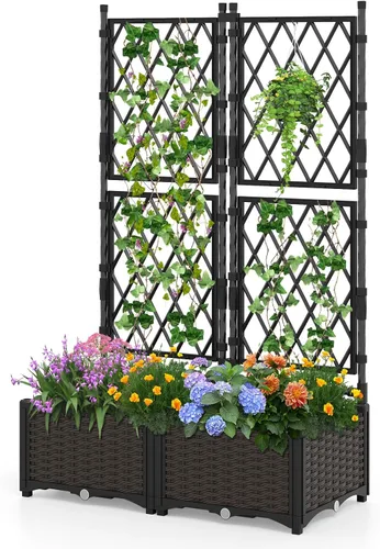 Vista 11 de HAPPYGRILL Cama de jardín elevada de 72.5 pulgadas con enrejado y jardinera
