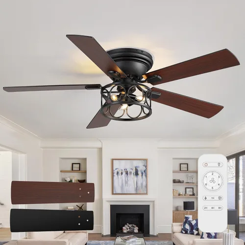 Vista 10 de Ventilador de techo rústico de granja de montaje empotrado de 52 pulgadas con luz y control remoto, motor AC reversible, 5 aspas de doble acabado