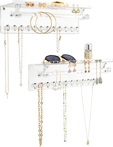 Vista 8 de Organizador de joyas colgante de acrílico montado en la pared con estante flotante, organizador de collar y organizador de aretes para mujeres