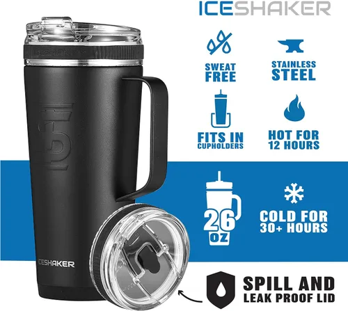 Vista 2 de Ice Shaker Botella de agua aislada con asa y popote reutilizable, botella de agua de acero inoxidable, como se vio en Shark Tank, botella de agua