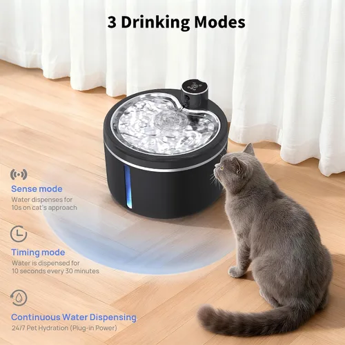 Vista 6 de Fuente de agua para gatos inalámbrica, 108 oz/3L, fuentes para mascotas para gatos de interior con bandeja de acero inoxidable, fuente de agua