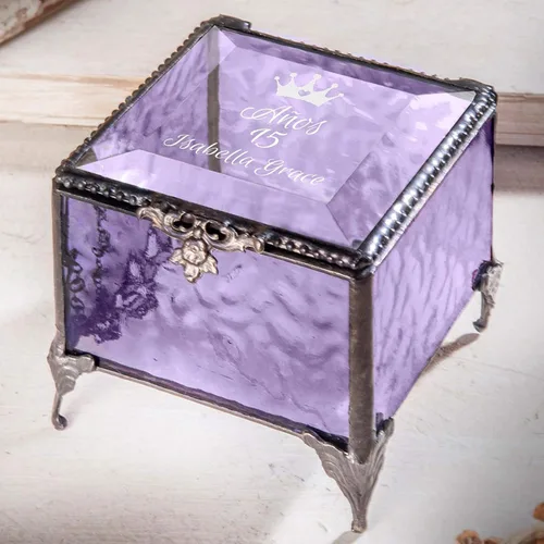 Vista 2 de Joyero de quinceañera personalizado con grabado, caja de recuerdo de cristal, regalo de cumpleaños para hija, nieta, niña, amiga, anos 15 Mis