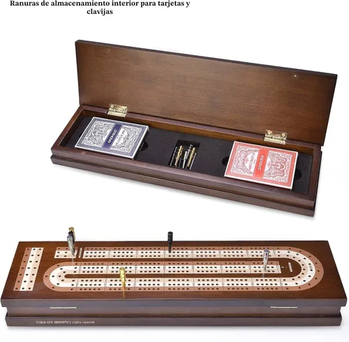 Vista 3 de AMEROUS Juego de Cribbage de Mesa de Madera con Bloqueo Magnético - Clavijas de Metal - 2 Cartas de Juego - Tablero Continuo de 3 Vías - Área