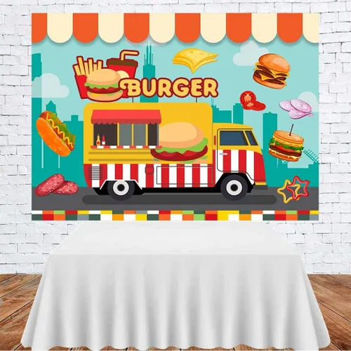 Vista 3 de Telón de fondo de cumpleaños de hamburguesas, vinilo de 7 x 5 pies, hamburguesa, camión, comedor, fiesta, fondo de fotos, comida rápida, arte