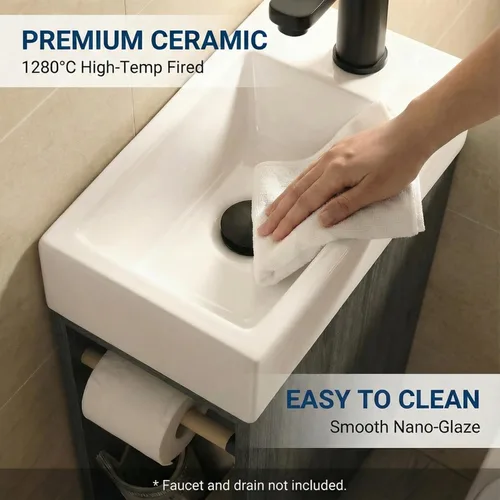 Vista 6 de Tocador de baño pequeño de 16 pulgadas con fregadero, color negro: espacio pequeño, 2 soportes para papel higiénico y bolsillo de almacenamiento