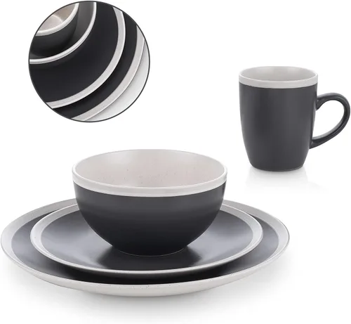 Vista 9 de Stone Lain Serenity - Vajilla de gres, servicio para 4, juego de platos y cuencos, vajilla de color gris oscuro y crema, apta para lavavajillas
