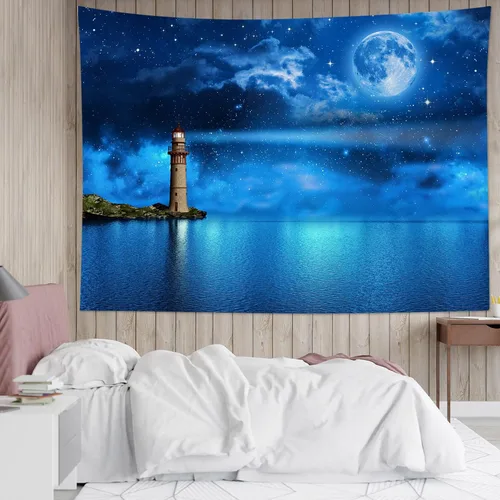 Vista 2 de HVEST Tapiz de luna y cielo nocturno para colgar en la pared, luna llena y galaxia estrellada con faro sobre el océano, tapiz colgante de pared