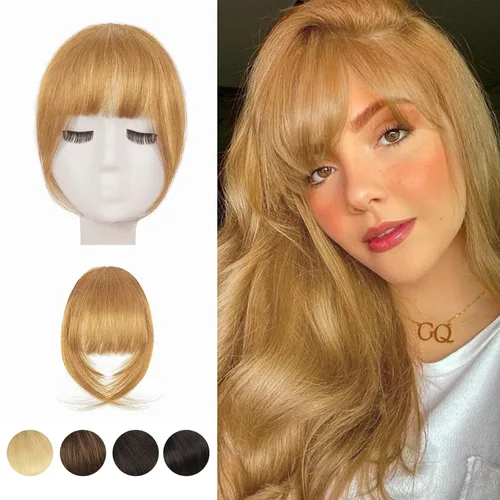 Vista 14 de BARSDAR Flequillo postizo de pelo humano real - Flequillo postizo 100% pelo humano para mujeres - Extensiones de flequillo ondulado castaño rojizo
