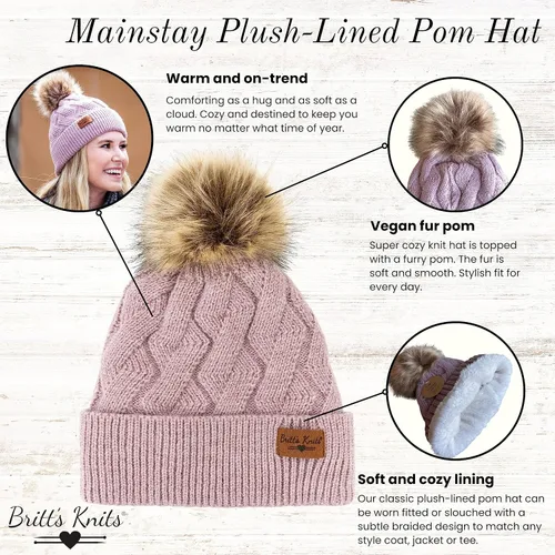 Vista 2 de Britt's Knits Gorro de punto cálido para mujer, con forro de felpa, pompón para clima frío