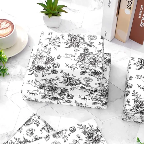 Vista 5 de JarThenaAMCS 100 hojas de papel de seda floral negro chinoiserie, papel de regalo de flores vintage, papel decorativo para manualidades, cumpleaños