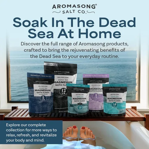 Vista 7 de Aromasong Copos de magnesio crudo para baño + sal del mar muerto para remojo – Paquete resellable de 5 libras de escamas de cloruro de magnesio