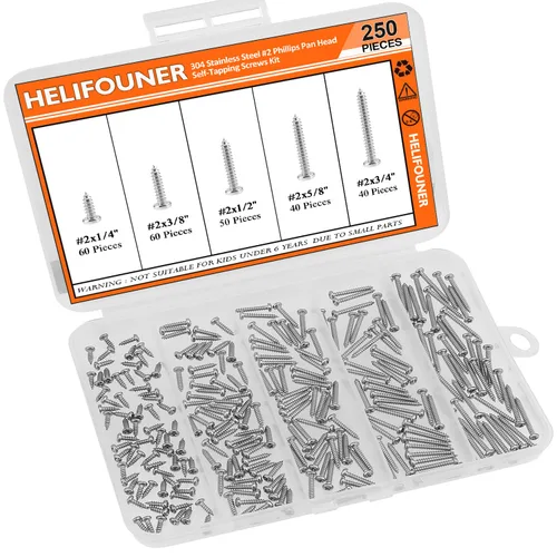 Vista 7 de HELIFOUNER - Juego de 250 tornillos para madera Phillips Pan Head Autorroscantes #2 x 1/4" 3/8" 1/2" 5/8" 3/4", kit surtido de 250 tornillos