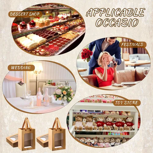 Vista 4 de Yexiya 15 bolsas de regalo de papel con ventana transparente, 7 x 5 x 10 pulgadas, bolsas de compras de papel kraft para bodas, cumpleaños