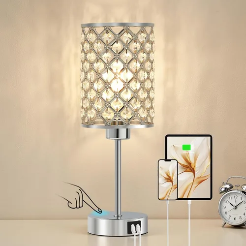 Vista 8 de Lámpara de mesa de cristal, lámpara táctil púrpura con puerto USB C+A Púrpura-1