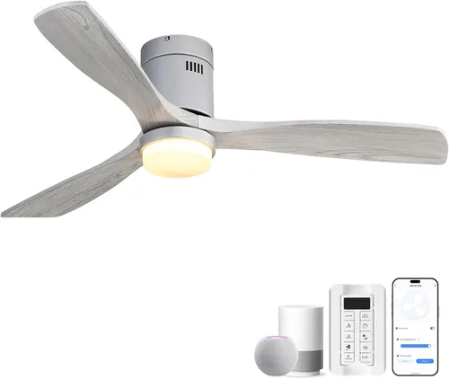 Vista 18 de CACI Mall Ventiladores de techo inteligentes de madera de 52 pulgadas con luces y control remoto, 3 cuchillas, perfil bajo, moderno, compatible