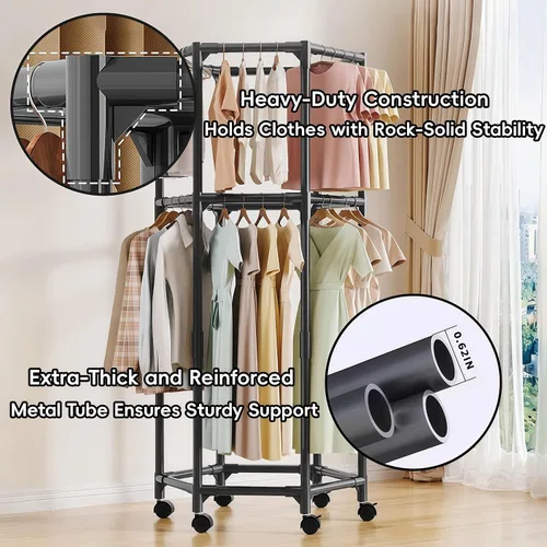 Vista 3 de Perchero hexagonal con ruedas para colgar ropa, armario portátil con ruedas, estante independiente para dormitorio, lavandería, balcón (2 capas)