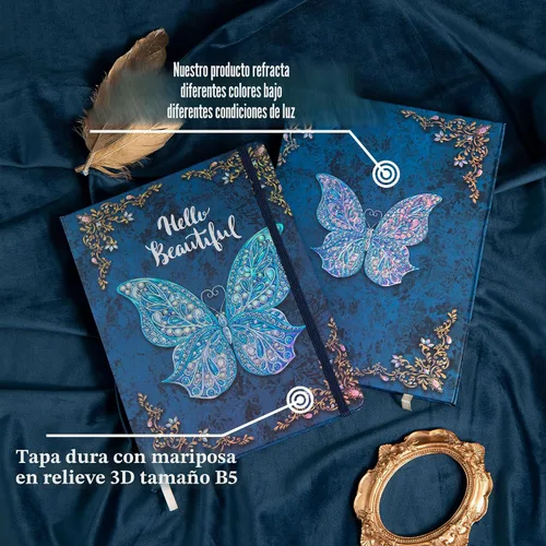 Vista 7 de Diario universitario para escribir-B5 - Cuaderno de tapa dura en relieve de mariposa 3D - Diario de escritura para mujeres con banda elástica