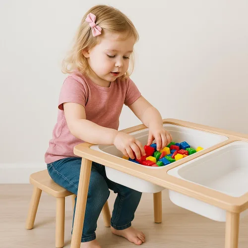 Vista 2 de Ogears Mesa sensorial, mesa de actividades para niños, mesa de juego de madera con contenedores, mesa Montessori, pizarra de tiza y pizarra blanca