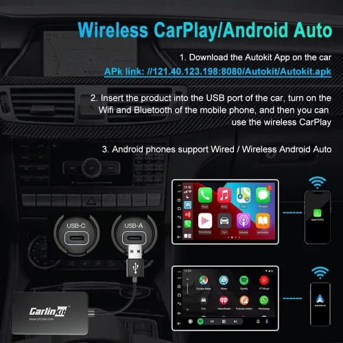 Vista 8 de Carlinkit Adaptador USB inalámbrico CarPlay solo compatible con radios de coche Android. solo para la versión de Android 4.4.2 o superior. APK debe