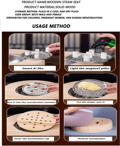 Vista 7 de Caja de quemador de cono Moxa sin humo, juego de taburetes de moxibustión de madera Silla, bandeja resistente al calor, para caderas, cintura