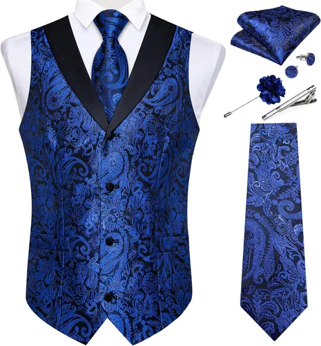 Vista 28 de DiBanGu Chaleco de traje de cachemira para hombre, chaleco jacquard de seda y corbata, chaleco formal de cuello de chal, 7 piezas para fiesta