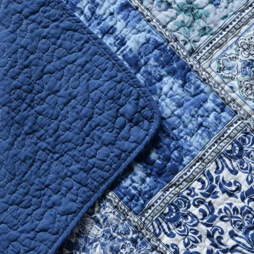 Vista 7 de NEWLAKE - Juego de colchas de algodón, juego de cubiertas de retazos, reversible, patrón azul clásico bohemio