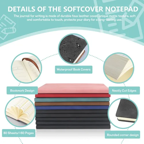 Vista 5 de LELE LIFE Paquete de 5 cuadernos rayados, cómodos diarios de cuero suave a granel para escribir mujeres y hombres, cuadernos A5 para trabajo, Negro
