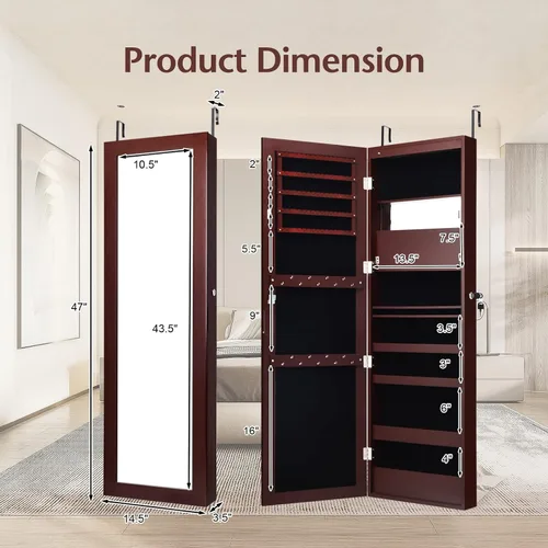 Vista 7 de COSTWAY Armario de joyería con espejo de 12 LED, armario organizador de joyas montado en la paredpuerta con espejo de 53.5 pulgadas de longitud