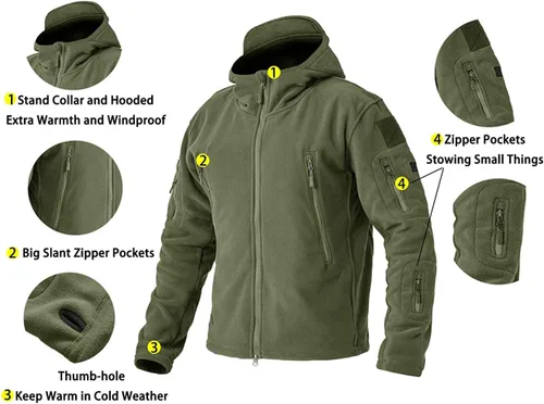 Vista 5 de BIYLACLESEN Chaquetas tácticas de forro polar Softshell para hombre con cremallera completa