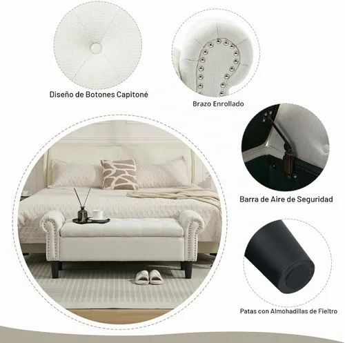 Vista 4 de SOFTHION Banco de almacenamiento de 50 pulgadas para dormitorio, tapizado de lino, beige