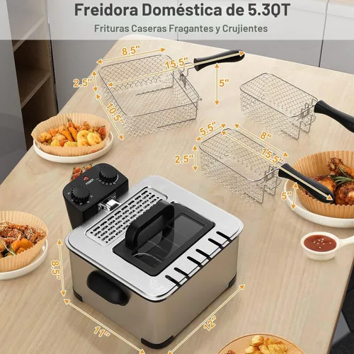 Vista 2 de Freidoras profundas con 3 cestas – Simoe - Freidora eléctrica grande de 5.3 cuartos de galón / 21 tazas, freidora de aceite profundo de acero