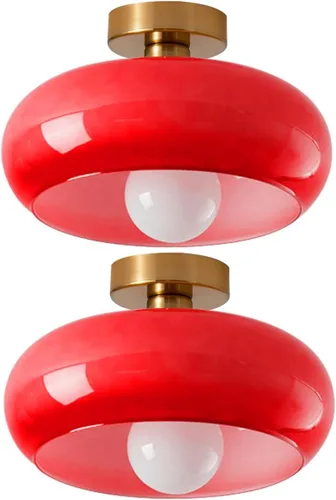 Vista 14 de Lámpara de techo vintage de vidrio rojo empotrado, lámpara de techo de cúpula redonda de 11 pulgadas, pantalla de vidrio de mediados de siglo